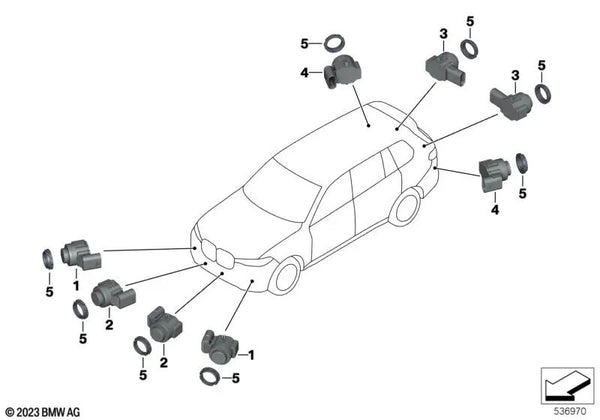 Sensor de ultrasonidos Mineralblanco metálico para BMW Serie 2 U06, Serie 5 G60, Serie 7 G70, i I20, X1 U11, U12, X5 F95N, G05N, G18N, X6 F96N, G06N, X7 G07N, XM G09 (OEM 66205A179A0). Original BMW.