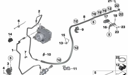 Soporte de latiguillo de freno OEM 34327692465 para BMW Motorrad {F800GS, F800GS Adventure, F700GS, F650GS Twin}. Pieza original BMW Motorrad.