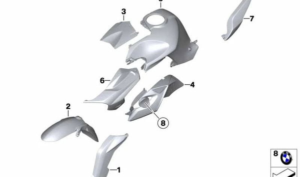 Panel lateral delantero derecho OEM 46637728188 para BMW Motorrad K1300R (KK43) producido entre 2008 y 2015. Color gris granito. Pieza original BMW Motorrad.