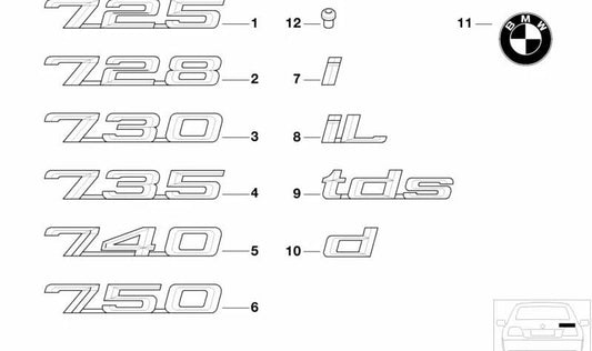 Emblema trasero adhesivo OEM 51148170188 para BMW E38. Original BMW.
