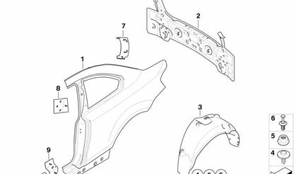 Cubierta del paso de rueda trasero derecho para BMW E82, E88 (OEM 51717166250). Original BMW