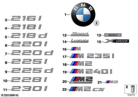 Emblema adhesivo trasero OEM 51147356322 para BMW Serie 2 F22, F23, F22 LCI, F23 LCI. Original BMW.
