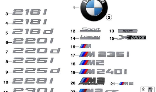 Emblema lateral "Sport Line" OEM 51147418528 para BMW F20, F21, F22, F23, F30, F31, F32, F33, F34, F36, F45, F46, F87. Original BMW.