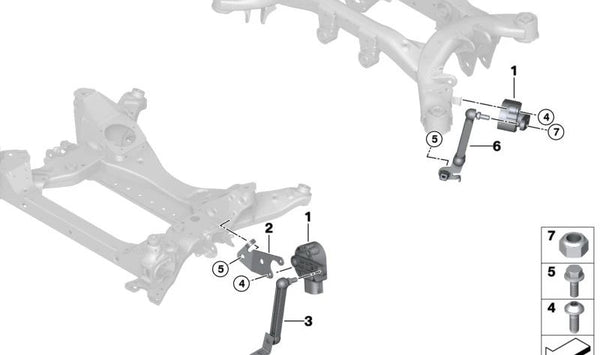 Varilla de regulación trasera izquierda OEM 37146891797 para BMW X3 G08E y G08F. Componente del sensor de regulación de luces. Original BMW.