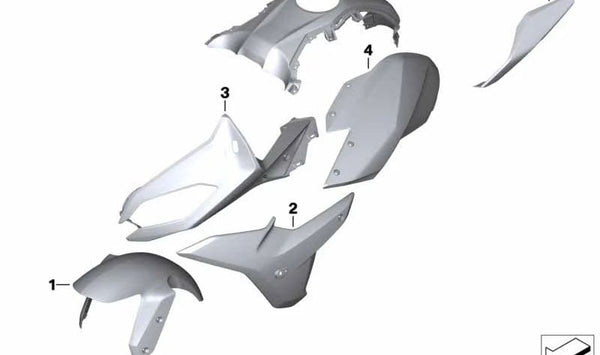 Pieza lateral trasera izquierda Austin Yellow OEM 46638409113 para motos BMW R 1200 RS, R 1250 RS (K54). Original BMW Motorrad.
