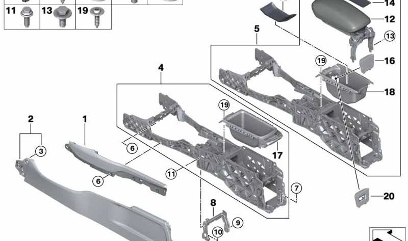 Apoyabrazo central OEM 51166834794 para MINI Clubman F54 (11/2014-07/2019), F54 LCI (05/2018-02/2024). Original MINI.