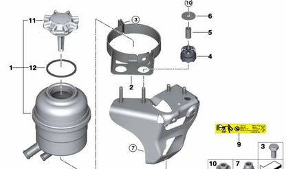 Soporte del depósito de aceite OEM 32416768096 para BMW E81, E82, E87, 1er Serie 125i y 130i con motor N52. Compatible con transmisión manual y automática. Original BMW.