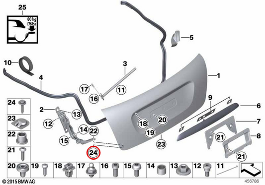Tornillo de fijación capó trasero M6X30 OEM 07119908754 para MINI Cabrio F57, F57 LCI, F57 BEV… y más. Original MINI.