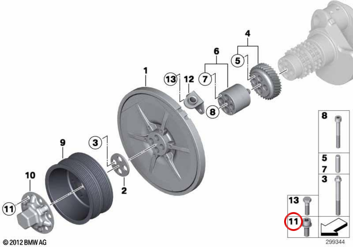 Tornillo con arandela OEM 07129906223 para BMW E90, E92, E93. Original BMW.
