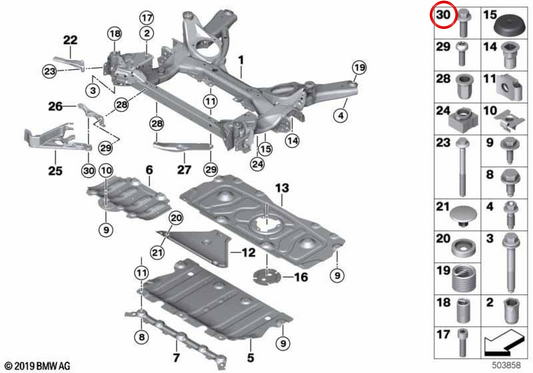 Parafuso hexagonal flangeado OEM 07129909880 para BMW G20, G23, G26. BMW genuíno.