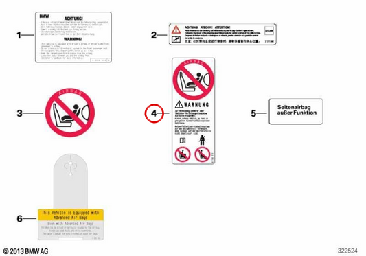 OEM Passenger Airbag Warbag Label 07149241480 for BMW E81, E82, E87, E88, F20, F21, F22, F23, F45, E36, E46, E90, E91, E92, E93, F30, F31, F34, F80, F32, F32, F3, F36, F82, F83, e34, e39, e60, e61, f07, f10, f11, e63, e64, f06, f12, f13, e38, e38,