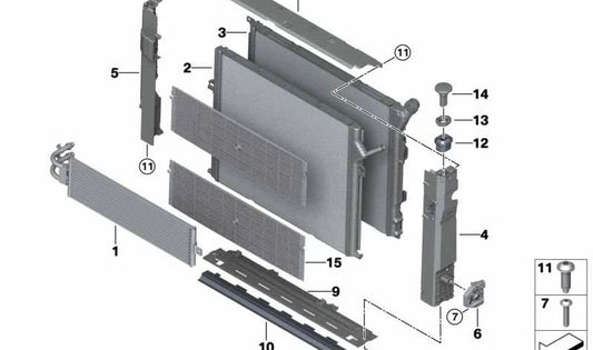 Soporte módulo derecho OEM 17119487034 para BMW F30, F32, F36 (330e). Pieza del sistema de sujeción del radiador. Original BMW.