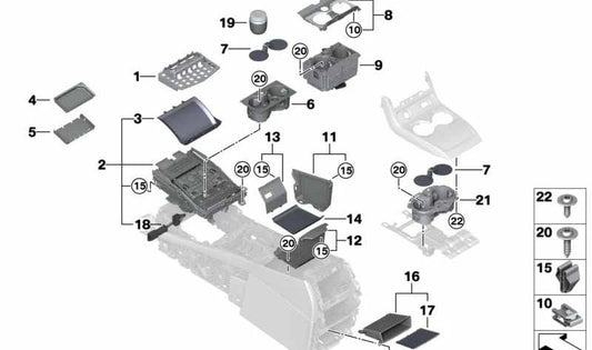 Interruptor y conector OEM 51169471656 para BMW G05, G06 y G07. Compatible con modelos X5 y X6 desde 2018. Pieza original BMW para el compartimento delantero de la consola central.
