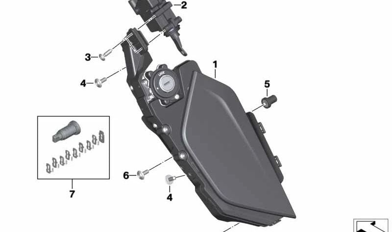 Casillero lateral izquierdo MONOLITH-MET. OEM 46638350511 para motos BMW K1600 GT y K1600 GTL K48 (2015-2021). Original BMW Motorrad.