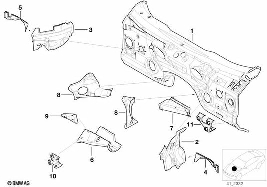 Left hand fire wall bracket for BMW E39 (OEM 41118203433). Original BMW.