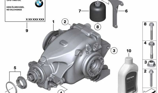 Grupo trasero diferencial relación 3.73 OEM 33107576668 para BMW Z4 E89 sDrive18i, sDrive20i, sDrive23i. Modelos compatibles: LL11, LL12, LL21, LL22, LL31, LL32, LL41, LL42, LM31, LM32. Original BMW.