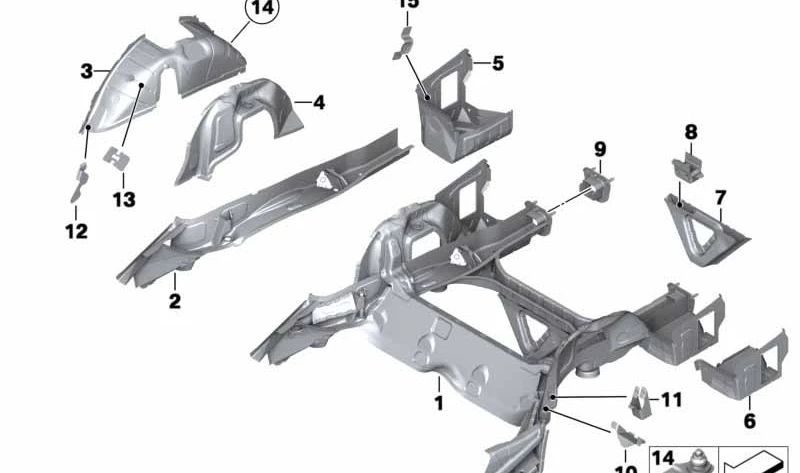 Pasarruedas interior trasero derecho OEM 41002993094 para BMW E84. Original BMW.