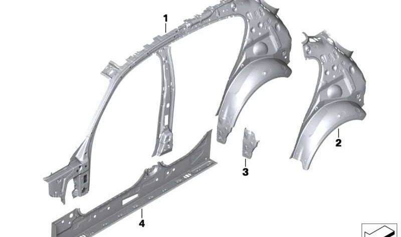 Aleta interior exterior trasera derecha OEM 41007479533 para BMW F20 y F20N. Original BMW.
