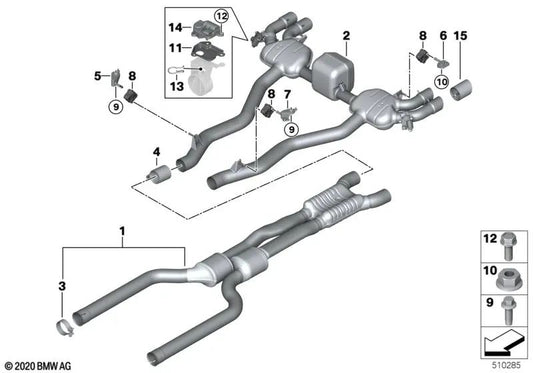 Chrome exhaust pipe trim for BMW F90 (OEM 18107854029). Original BMW