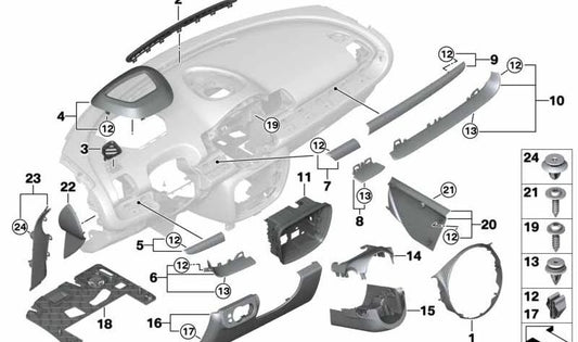 Embellecedor tablero instrumentos conductor Black Squared OEM 51459108127 para MINI Clubman F54 LCI (2018–2024). Original MINI.