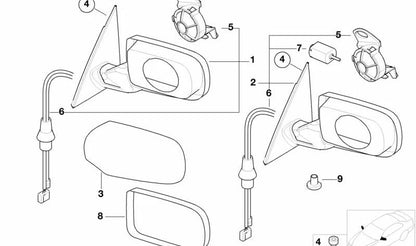 Riscaldamento a sinistra Retroview esterno OM 51167890825 per BMW E46 (316i AL11, AL21, AL51, AL55, AX31, AX41, AY11, AY15, AY31, AY41). Finitura nera luminosa. BMW originale.