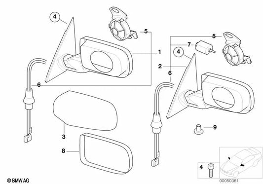 Espelho retrovisor externo esquerdo aquecido para BMW Série 3 E46 (OEM 51167890831). BMW original