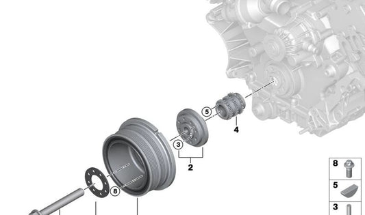 Amortiguador de vibraciones OEM 11237567055 para BMW X5 E70 4.8i (N62T) con cambio automático y tracción total. Original BMW.