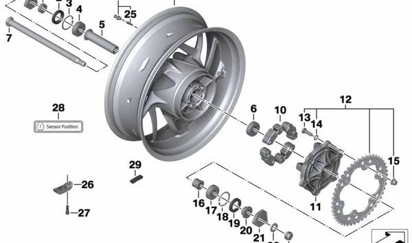 Perno RDC OEM 36238521833 para ruedas delanteras y traseras de motos BMW R1200GS, F800R, R1250RT, K1300S... y más. Original BMW Motorrad.
