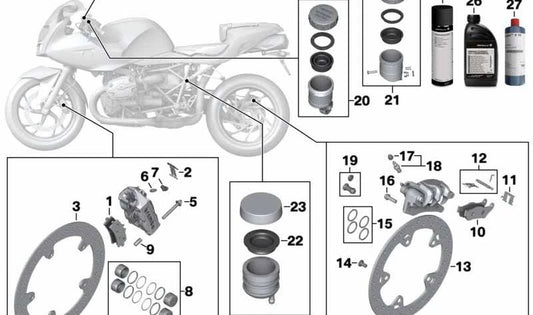 Juego de forros de freno delantero OEM 34117710743 para motos BMW HP2 Sport K29, R 1200 S K29. Original BMW Motorrad.