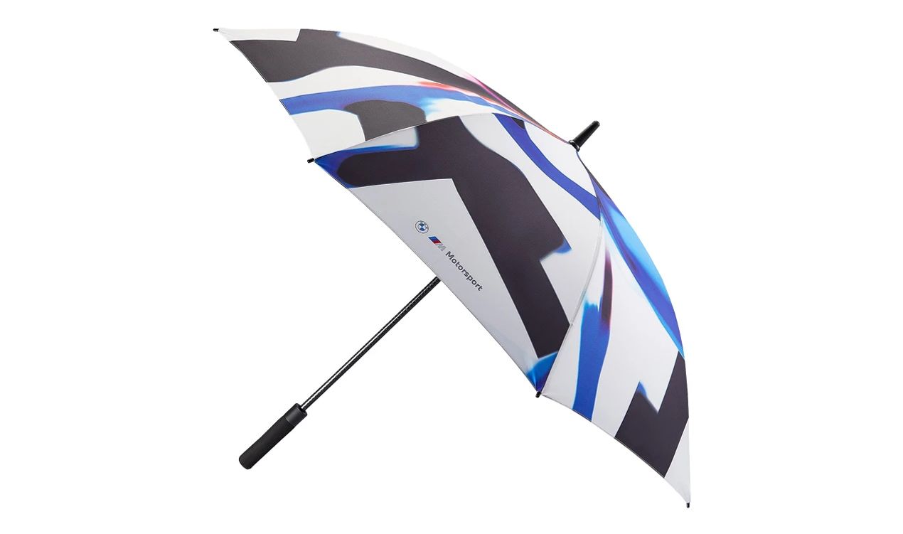 Wind resistant umbrellas BMW M Motorsport OEM 80235B5F625 for BMW and Mini. Original design with automatic opening and mango with BMW logo. Original BMW and Mini.
