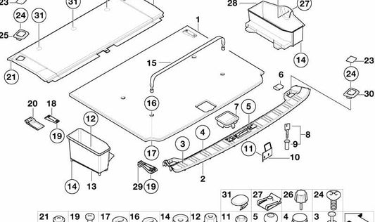 Tapa embellecedora gancho maletero OEM 51478215891 para BMW E39 520d, 520i. Pieza original BMW para embellecer y proteger mecanismo de anclaje del maletero.