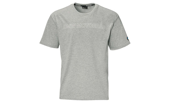 Camiseta gris BMW Motorrad con logo y texto. Talla XXL. Ropa original para moto y uso casual. OEM 76617109758. Original BMW Motorrad.