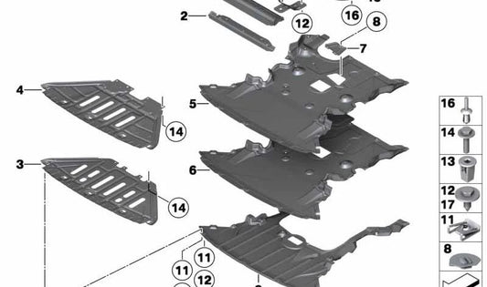 Deflector inferior motor OEM 51757167196 para BMW E81, E82, E87, E88, E90, E91, E93. Protege el motor de suciedad y golpes. Original BMW.