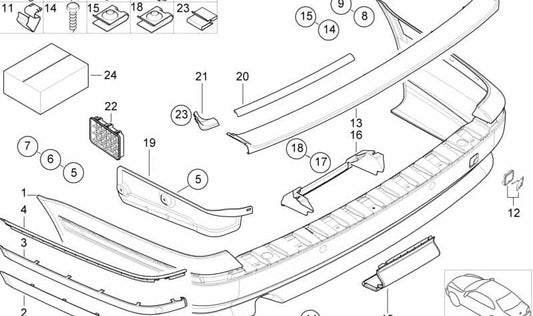 Moldura parachoques trasero izquierdo OEM 51128222219 para BMW E39 520d, 520i, 523i {Todos los modelos compatibles}. Original BMW.
