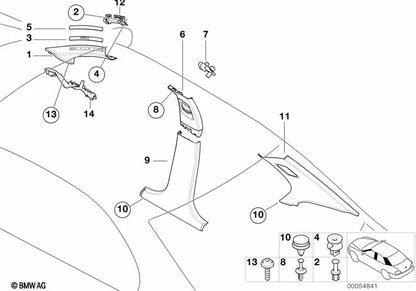 Embellecedor de columna B inferior izquierda para BMW Serie 3 E46 (OEM 51438226583). Original BMW.