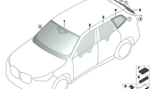 Rear right door side glass for BMW U11 (OEM 51359879330). Original BMW