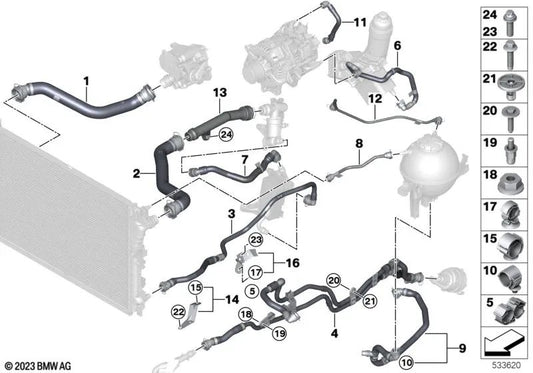 Kältemittelschlauchunterstützung für BMW 5 G30 -Serie, G31, G38 Serie 6 G32 Serie 7 G11, G12 Serie 8 G14, G15, G16 (OEM 17128619737). Original BMW.