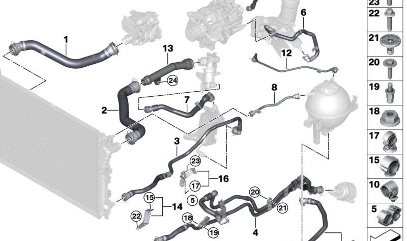 Clip de sujeción para manguitos del sistema de refrigeración OEM 17128685197 para BMW G42, G20, G20N, G21, G21N, G28, G28N, G22, G22N, G23, G23N, G26, G26N, G60, G61, G70, G29. Original BMW.