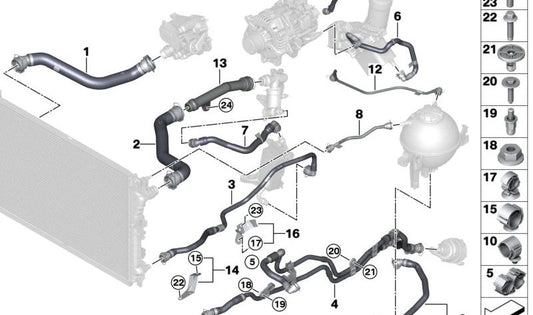 Clip de sujeción para manguitos del sistema de refrigeración OEM 17128685197 para BMW G42, G20, G20N, G21, G21N, G28, G28N, G22, G22N, G23, G23N, G26, G26N, G60, G61, G70, G29. Original BMW.