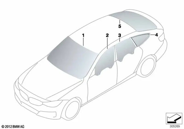 Cristal lateral fijo trasero izquierdo para BMW F36 (OEM 51377412027). Original BMW.