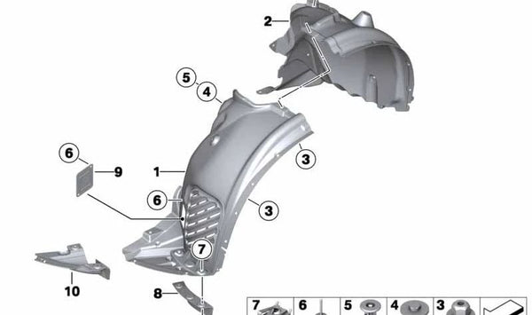 Revestimiento paso de rueda delantero derecho OEM 51717484140 para BMW F25, F26. Original BMW.