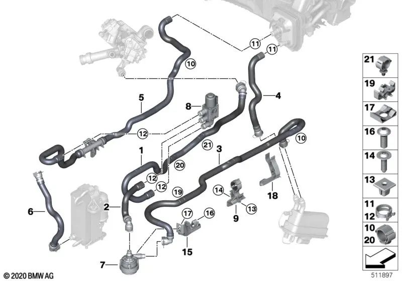 Additional coolant pump for BMW 5 Series F90, G30, G31, G38, 6 Series G32, 7 Series G11, G12, 8 Series F91, G14, G15 (OEM 64116834923). Genuine BMW.