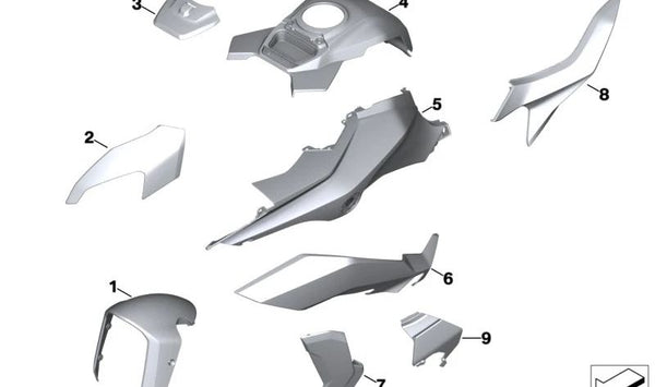 Carcasa lateral izquierda OEM 46638404455 para BMW Motorrad S 1000 XR (SK69) y M 1000 XR (MKM9), modelos desde 12/2019 en adelante. Original BMW Motorrad.