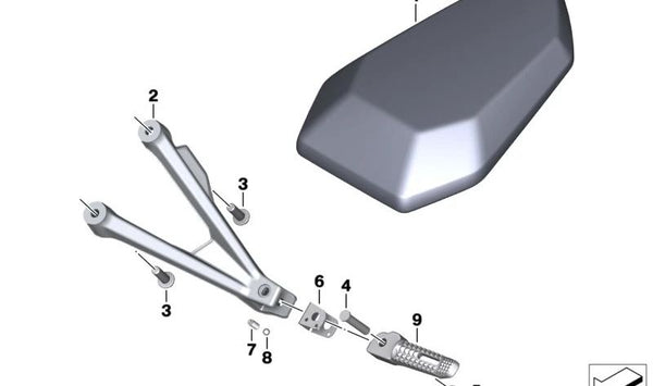 Soporte reposapiés trasero izquierdo OEM 46719467689 para BMW Motorrad M 1000 R (MKM3) y S 1000 R (SK63). Compatible con modelos 0E81, 0P51, 0P53, 0E51, 0P31, 0P33. Original BMW Motorrad.