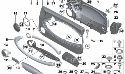 Embellecedor interior maneta puerta izquierda plata OEM 51412753337 para MINI R55, R56, R57, R58, R59, F56, F57. Original MINI.