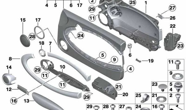 Reposabrazos delantero izquierdo OEM 51417267289 para MINI R55, R56, R57, R58, R59, F55, F56, F57. Original MINI.