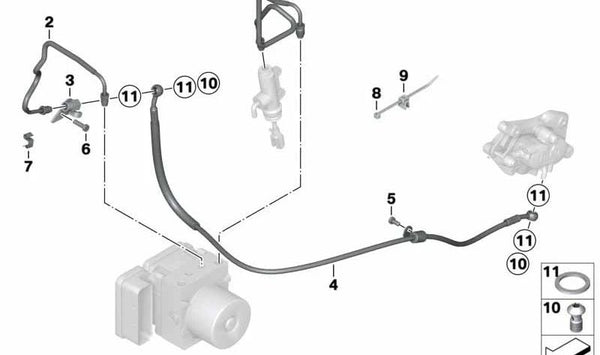 Soporte trasero de latiguillo de freno OEM 34327691213 para BMW Motorrad K1300S, K1300R, R1200S. Original BMW Motorrad.
