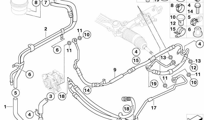 Tubo hidráulico de dirección OEM 32412283148 para BMW E60, E61, E63, E64. Repuesto original BMW.