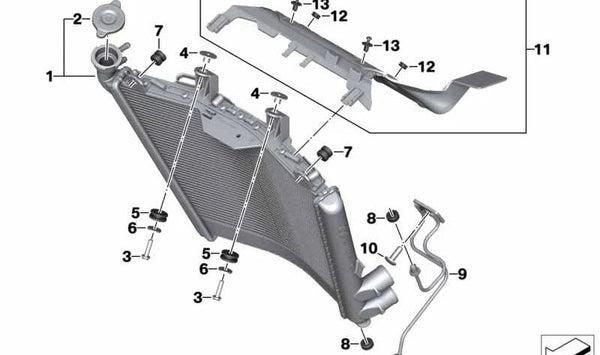 Radiador de refrigerante OEM 17118356804 para BMW Motorrad M 1000 R (MKM3), S 1000 R (SK63), M 1000 RR (SK66), S 1000 RR (SK67). Original BMW Motorrad.