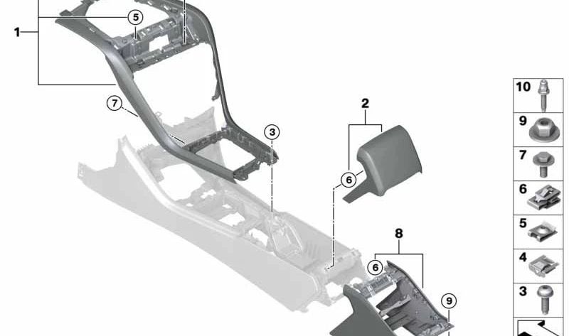 Soporte embellecedor consola central negro OEM 51168094357 para BMW F91, F92, F93. Original BMW.